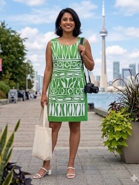 Chetta B Green and White Geo-Print Sleeveless Shift Dress